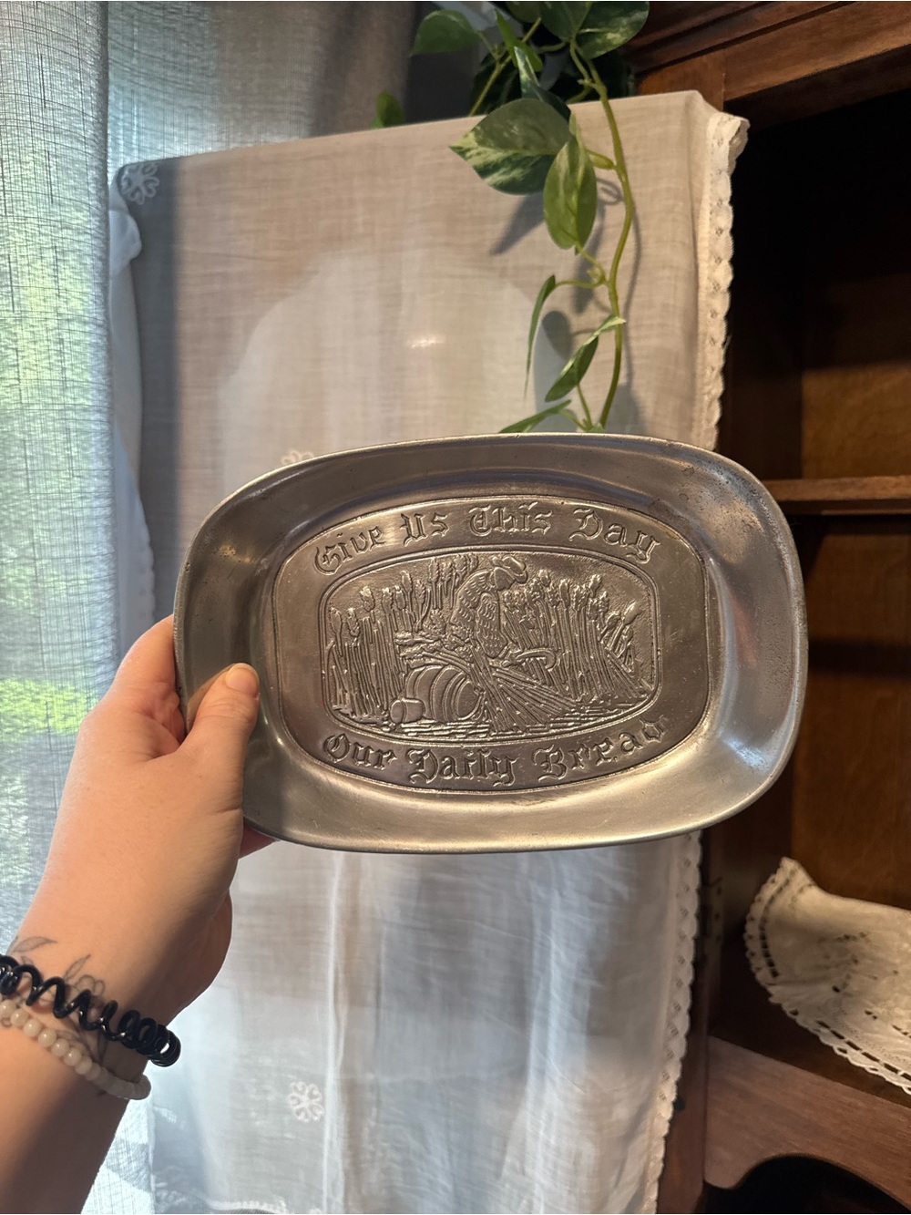 Vintage Pewter Bread Tray - 'Our Daily Bread' Embossed Design - Silver